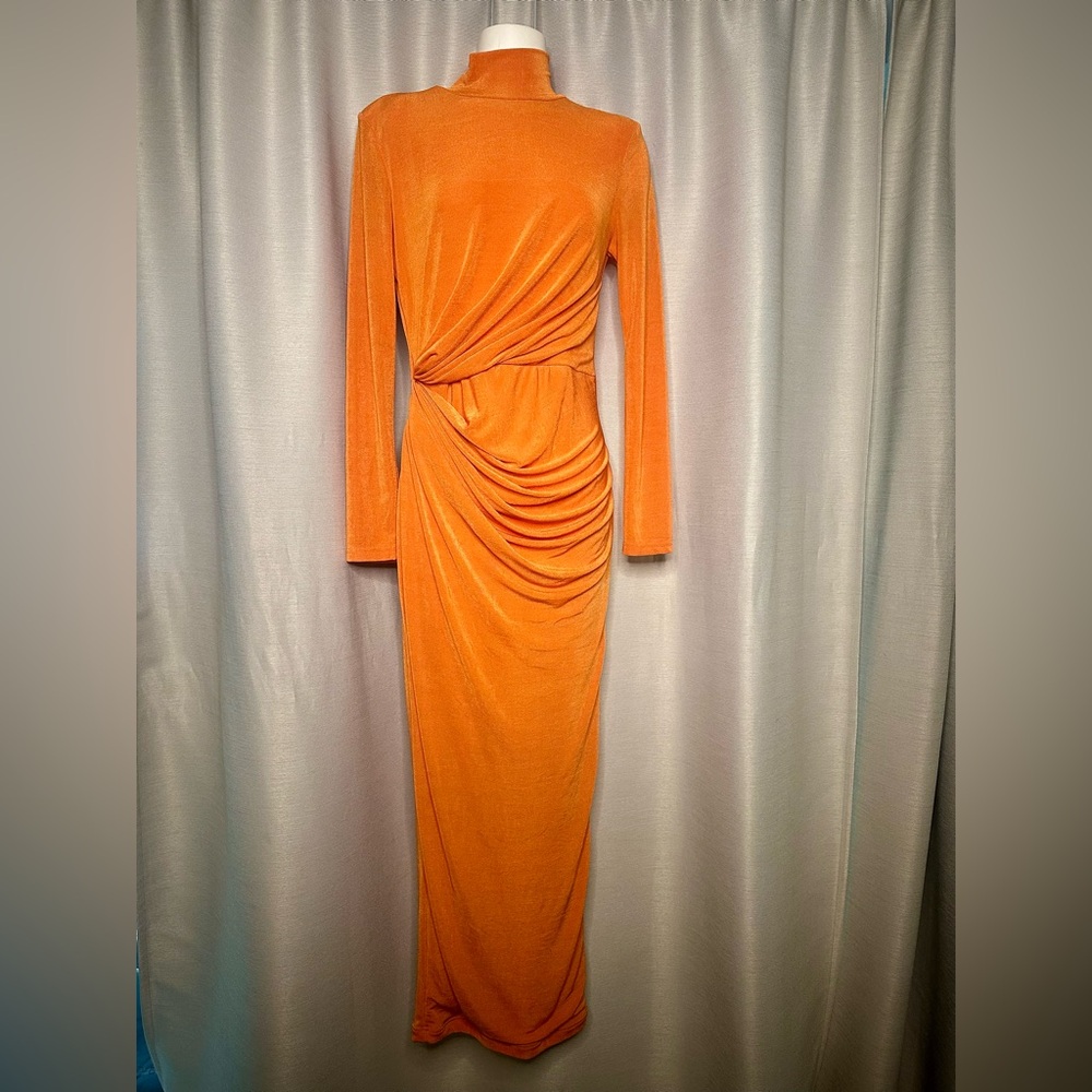 Elegant Long-Sleeve Orange Draped Maxi Dress